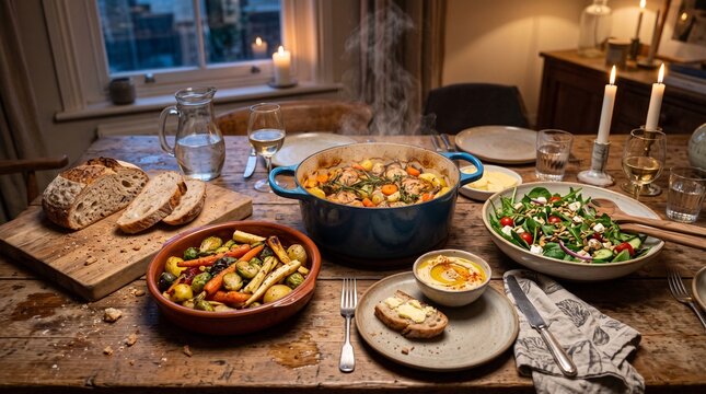 Cozy evening dinner spread with roasted chicken and fresh salad on a rustic table