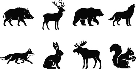 Fototapeta premium Collection of forest wild animal silhouettes including bear deer wolf and fox isolated on white background