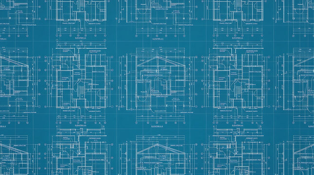 Seamless Architectural Blueprint Pattern with Technical House Floor Plans and Grid Lines