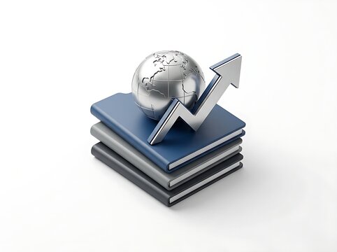 3D Metallic Globe and Growth Arrow on Stacked Books Studio Shot