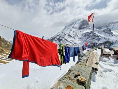 Laundry line in snowy Himalayan mountain landscape