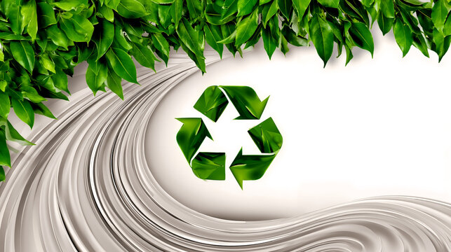 A stylized recycling symbol at the center surrounded by a wave-like pattern of green leaves and a white background
