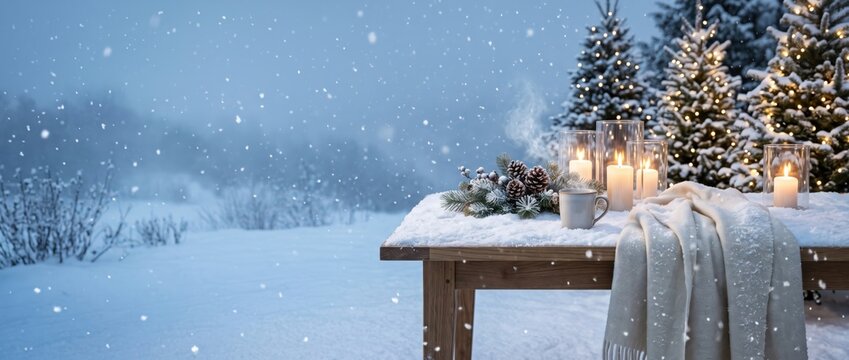 Wooden table covered in snow with lit candles, pine cones, and a warm blanket outdoors during a winter snowfall, with illuminated christmas trees in the background