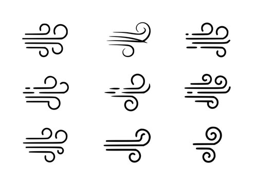 A collection of hand-drawn wind and air flow featuring stylized swirls and breezy motion lines set