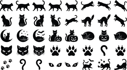 Obraz premium Collection of black cat silhouettes in various poses and halloween themed designs