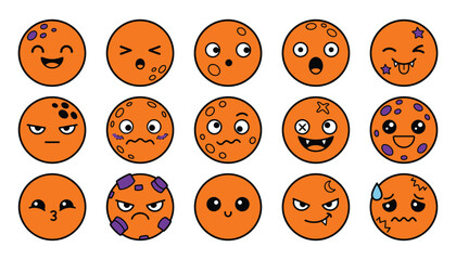 Fototapeta premium Set of cute orange planet characters with diverse cartoon facial expressions and purple spot patterns cartoon character facial expression planet emoji space character