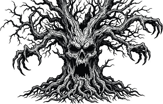 Eerie black and white illustration of a tree formed in the shape of a screaming skull