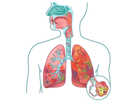 Human respiratory system anatomy showing infected lungs and alveoli illustration