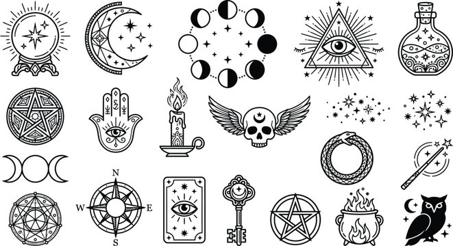 Collection of vintage occult symbols and mystical illustrations on a white background