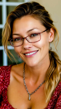 A woman with blonde hair wearing glasses and a red top smiling at the camera