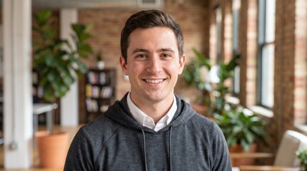 Obraz premium Portrait of happy young male tech startup employee in a modern brick wall office