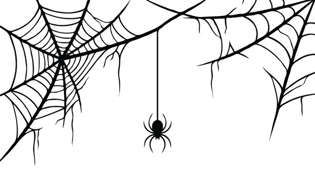 Black Spiderweb and Hanging Spider Silhouette Illustration