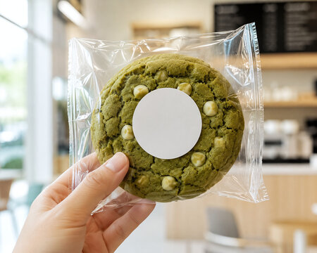 Hand holding a clear plastic bag of matcha green tea cookies with white chocolate chips and a blank label mockup in a bright modern cafe interior background.