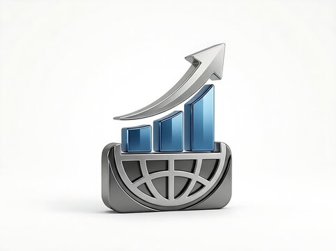 3D Metallic Business Growth Chart Icon with Globe Sphere Background