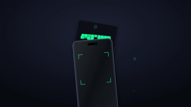 Mobile smartphone scanning a secure digital code or QR for quick data transfer and secure transaction verification in a dark technology background concept