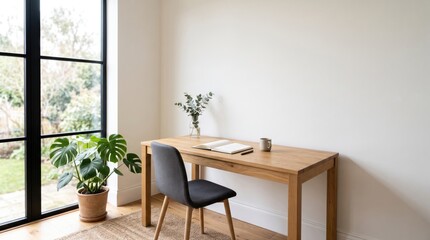 Fototapeta premium Clean minimalist home office background features soft natural light and plenty of copy space