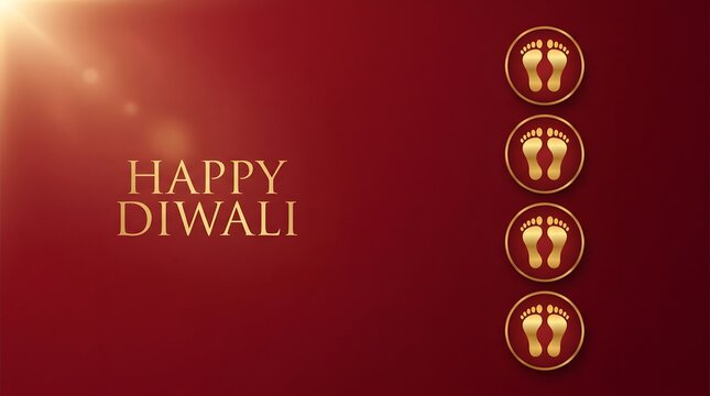 Happy diwali festive background with golden footprints of goddess lakshmi in circular frames on a deep red gradient surface with soft light flare