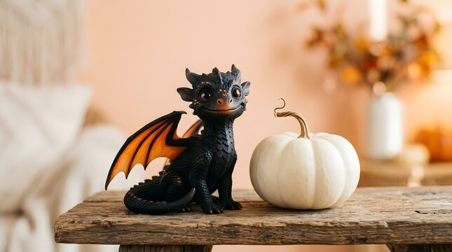 Cute 3D dragon figurine with a white pumpkin for Halloween home decor on rustic wood table