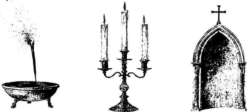 Grunge black and white gothic incense bowl candelabra and arched doorway stencil for background and poster design