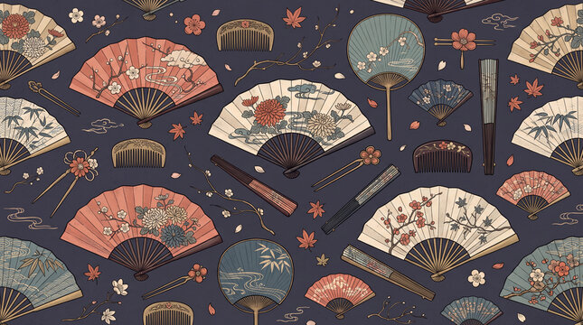 Traditional Japanese Folding Fans and Floral Hair Accessories Illustration