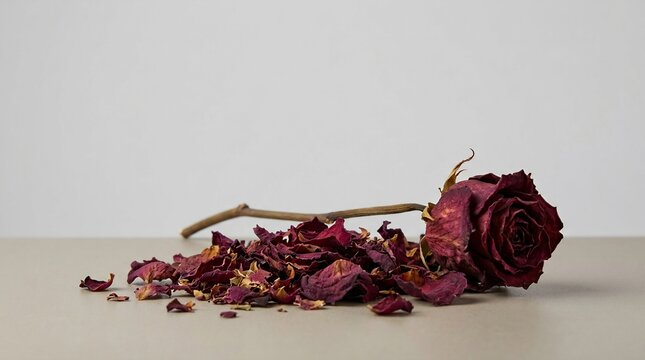 Dried red rose with a pile of scattered withered petals representing memory, time, and romance