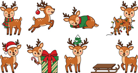 Fototapeta premium Cute Christmas Deer Vector Character Sticker Set Featuring Baby Reindeer Wearing Santa Hat, Scarf, Tangled in Tree Lights, and Playing with Holiday Gifts