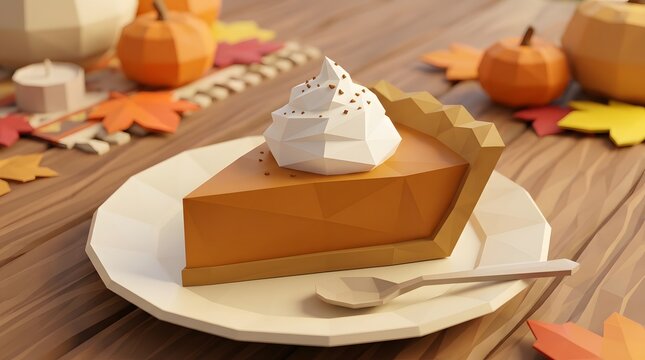 3D Halloween pumpkin pie slice with whipped cream on wooden table with autumn decor
