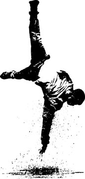 Grunge black and white stencil breakdancer handstand freeze pose for poster background and urban design