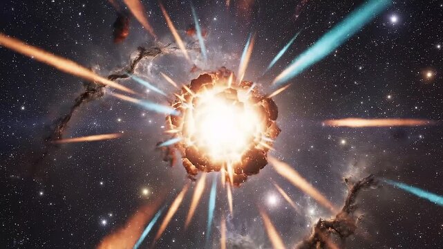 Massive cosmic explosion radiates powerful light and debris through starry nebula a dramatic deep space event.