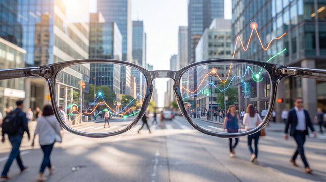 Financial Foresight: Through a pair of glasses, a bustling city street scene is overlaid with a rising financial graph, symbolizing a clear view of economic growth and urban prosperity.