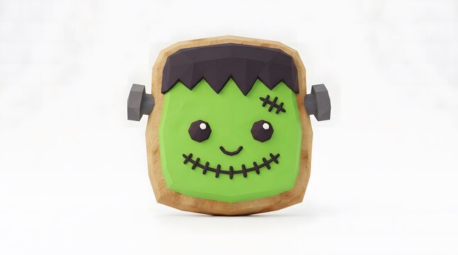 3D Frankenstein monster cookie for Halloween party, cute green monster sugar biscuit treat.