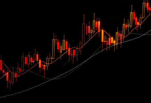 Detailed Bullish and Bearish Candlestick Chart with Orange Moving Average and Dotted White Curved Trendlines on Black &ndash; Forex Market Technical Analysis.