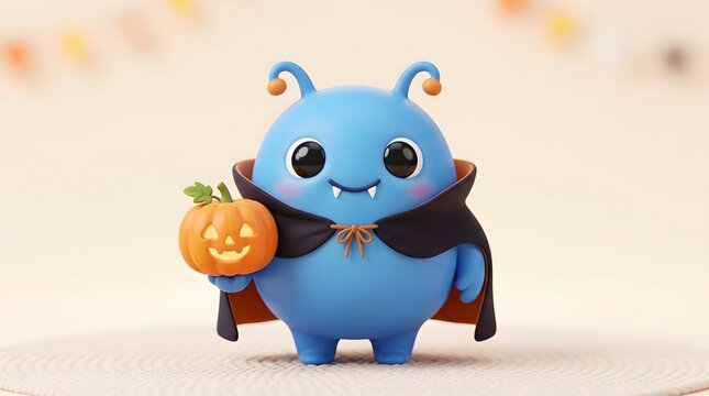 Cute 3D blue monster character wearing a vampire cape and holding a small Halloween pumpkin