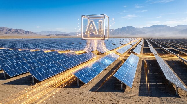 AI technology optimizing solar panel energy production in a desert power plant facility.