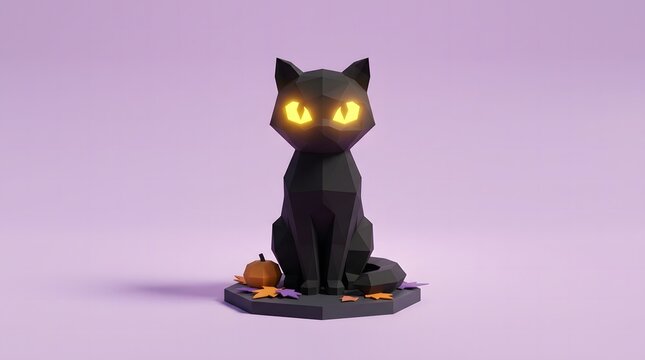 Low poly black cat with glowing eyes for Halloween holiday celebration