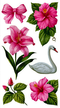 A colorful illustration featuring a variety of flowers and a swan