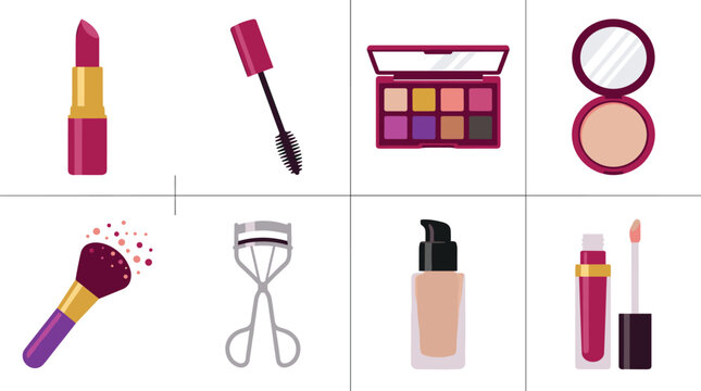 Art & IllustrationCosmetics and makeup product vector icon set featuring lipstick, eyeshadow palette, mascara, and foundation elements