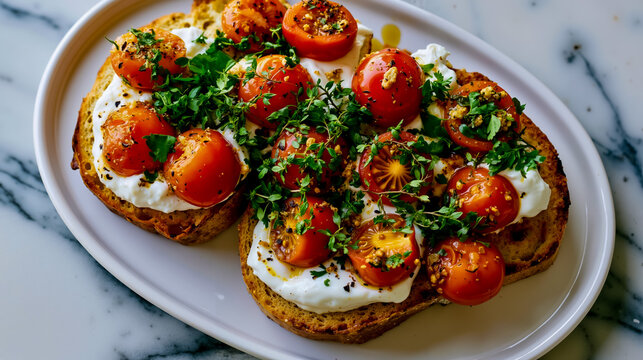 A white plate with two slices of toasted bread topped with sliced tomatoes fresh herbs and a dollop of cream cheese