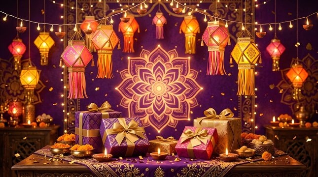 Diwali celebration table setting with glowing lanterns, gift boxes, oil lamps, and traditional sweets on a purple background