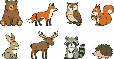 Obraz premium Cute woodland animals vector illustration set featuring bear fox owl squirrel rabbit moose raccoon and hedgehog