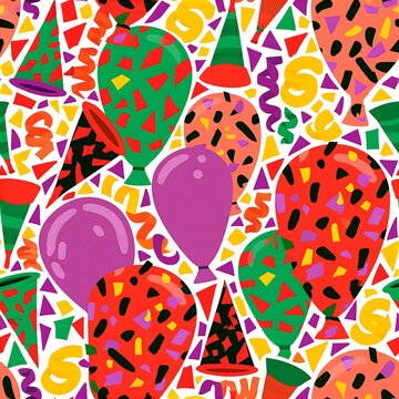 Colorful birthday party pattern with balloons and confetti