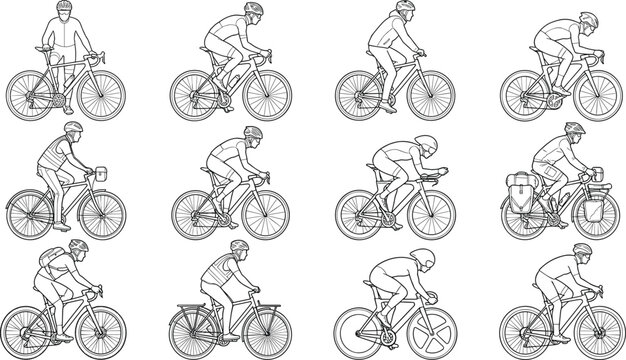 Cyclists and bicycles line art vector set with road racing, commuting, touring, and triathlon riders