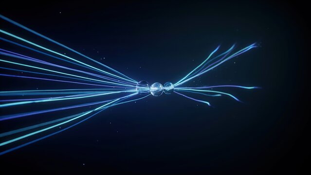 Dynamic light streams converge on central glass spheres against a dark background.