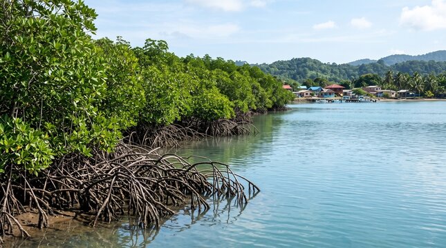 Lush mangrove forest with exposed roots lining a calm tropical bay and distant village