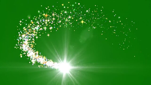 Twinkling magical starburst shooting across green screen background with sparkling glitter particles trailing behind creating a dynamic festive glow for celebration.