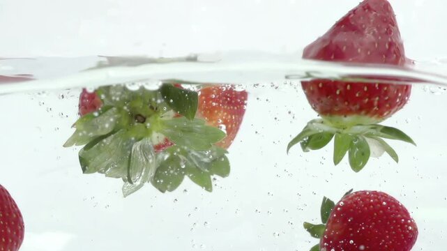 fresh strawberries fruit dropped into water in super slow motion