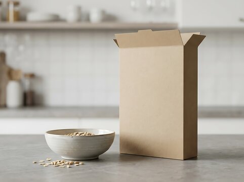 Blank brown cardboard cereal box standing next to a bowl of oatmeal on a kitchen counter for mockup