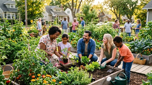 Diverse families and neighbors enjoy community gardening together on a sunny day