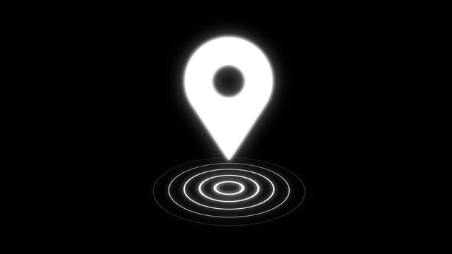 Glowing location pin above concentric target rings, animated with alpha channel for navigation, mapping, tracking and destination concepts