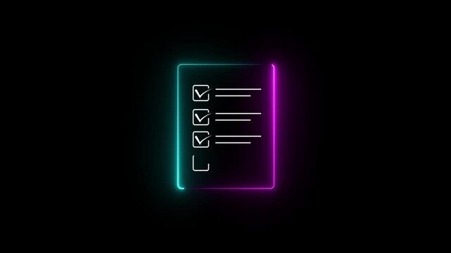 Glowing Neon Checklist Outline Icon Animation, Document Verification, Task Completion and Digital Approval Symbol on Black Background